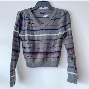 Tildon v-neck sweater, puff shoulder, gray with multi color stripes